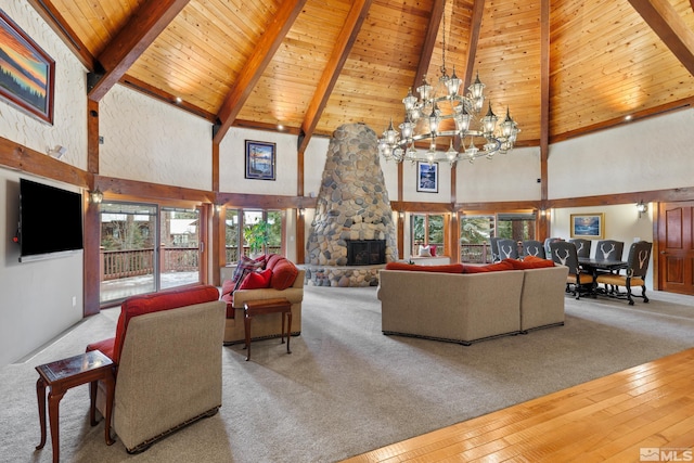 living room with a fireplace, beamed ceiling, high vaulted ceiling, and wood ceiling