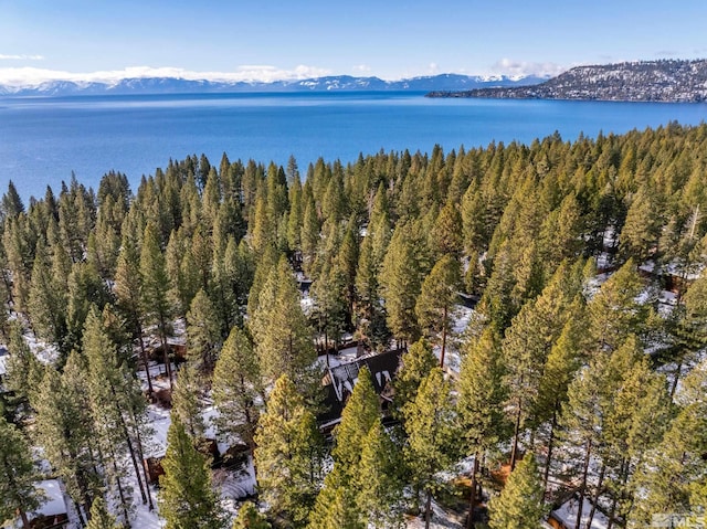 drone / aerial view with a water and mountain view