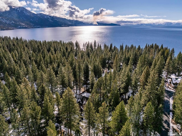 drone / aerial view featuring a water and mountain view