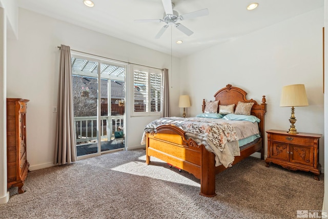 bedroom featuring ceiling fan, carpet floors, and access to outside