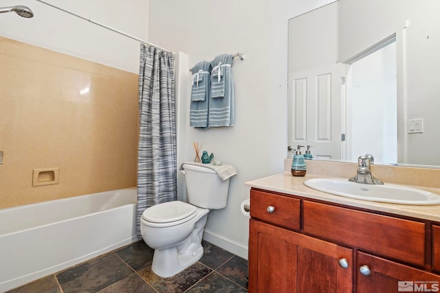 full bathroom with toilet, vanity, and shower / tub combo