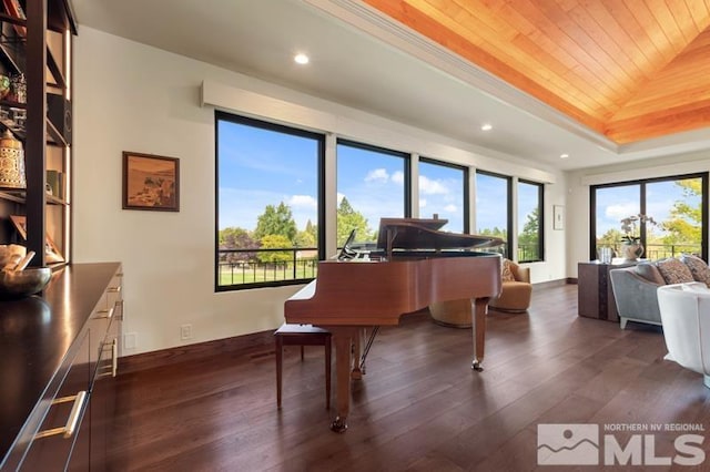 misc room with wood ceiling and dark hardwood / wood-style floors