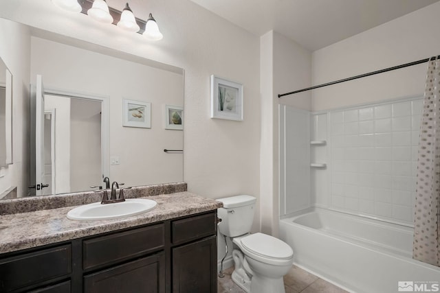 full bathroom featuring shower / washtub combination, toilet, tile patterned flooring, and vanity