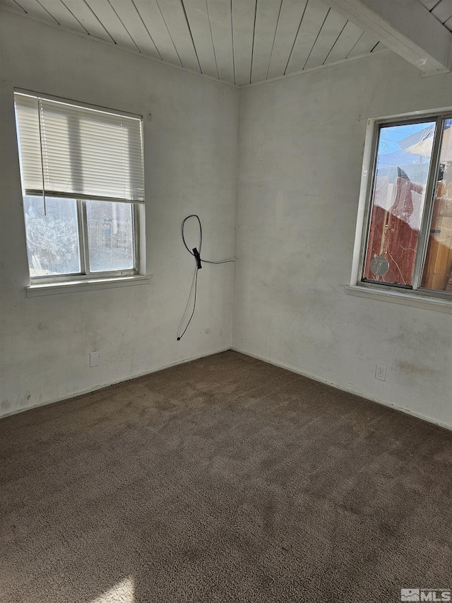empty room with carpet flooring, beam ceiling, and wood ceiling