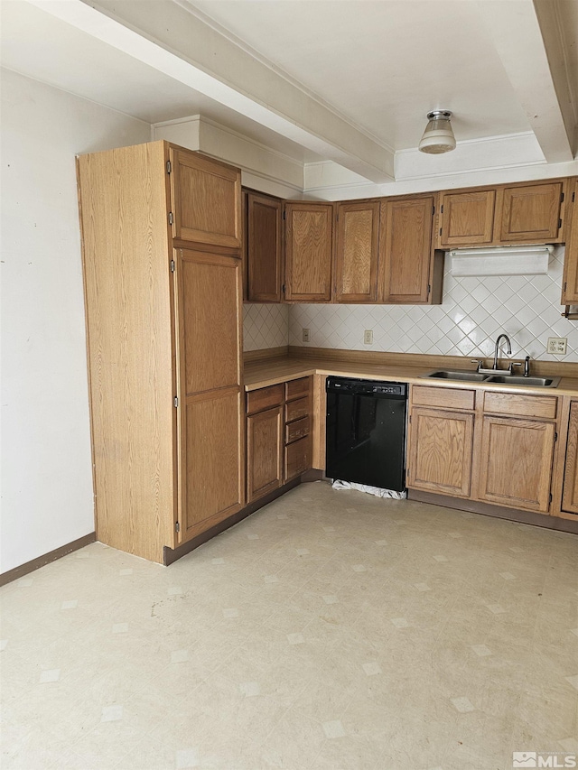 kitchen with sink, tasteful backsplash, beamed ceiling, and dishwasher