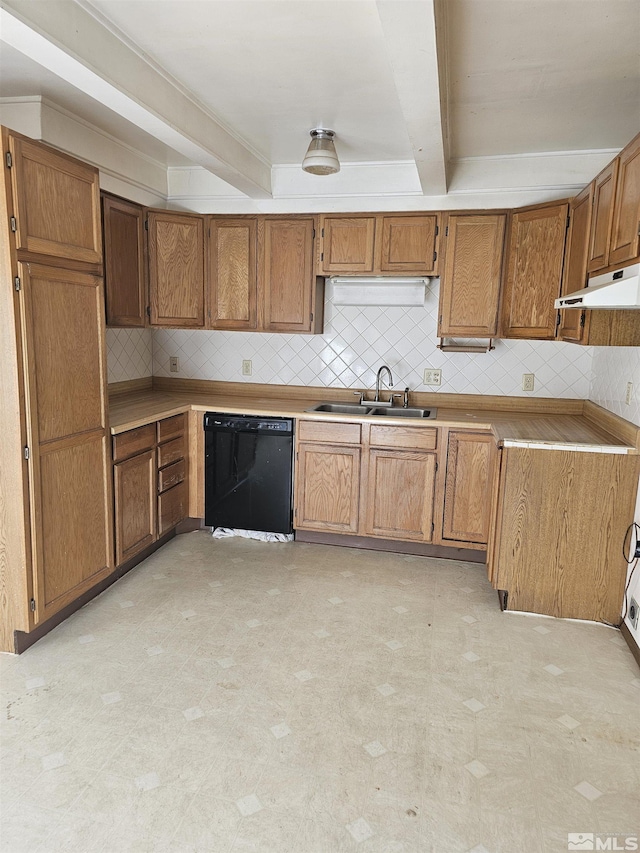 kitchen with sink, dishwasher, and beamed ceiling
