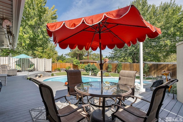 wooden deck featuring a fenced in pool