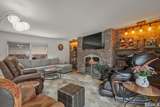 living room with a fireplace