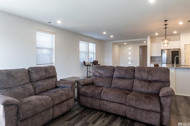 living room with sink and dark wood-type flooring