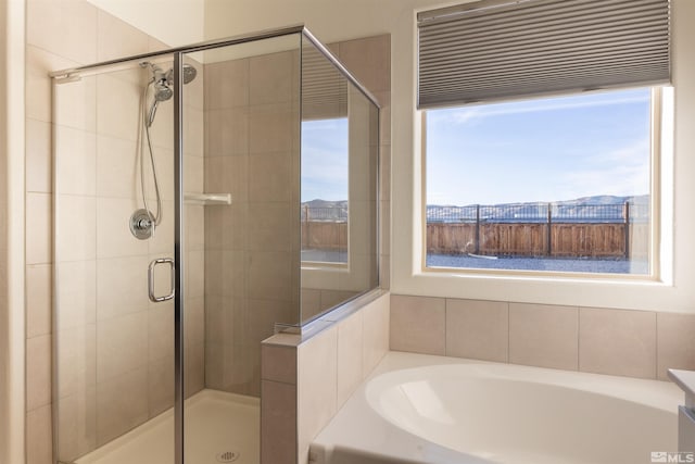 bathroom with vanity, a healthy amount of sunlight, and separate shower and tub