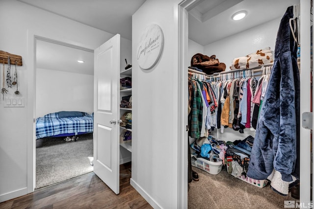 walk in closet with dark wood-type flooring