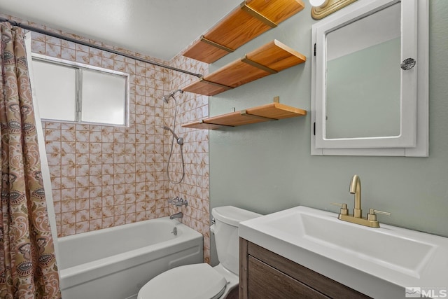 full bathroom featuring vanity, toilet, and shower / tub combo with curtain