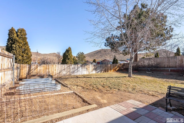 view of yard with a mountain view and a patio area