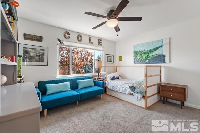 bedroom with ceiling fan and carpet