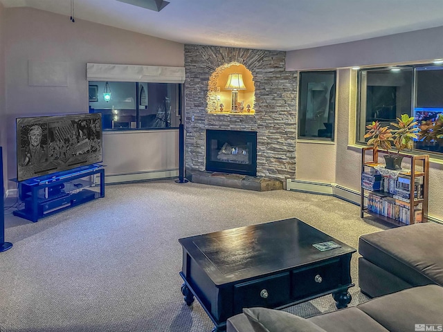 carpeted living room featuring lofted ceiling, a stone fireplace, and baseboard heating