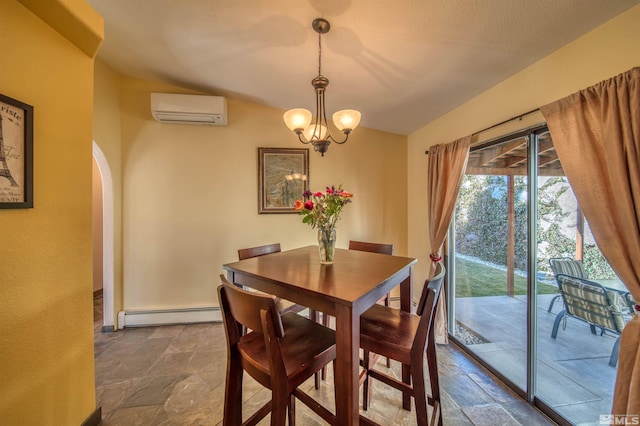 dining area featuring baseboard heating, a notable chandelier, and an AC wall unit