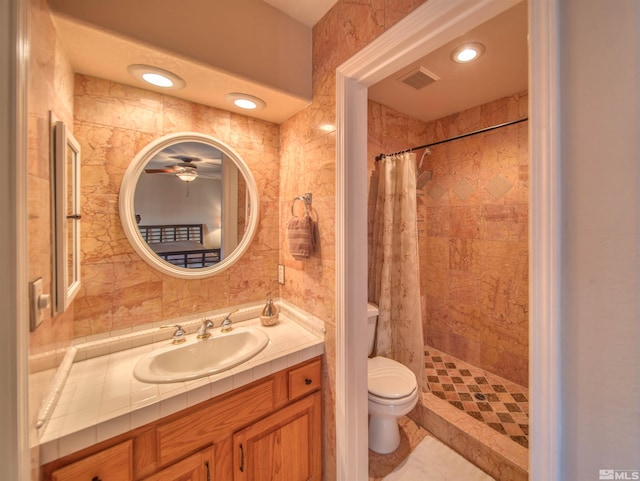 bathroom featuring vanity, toilet, and a shower with shower curtain