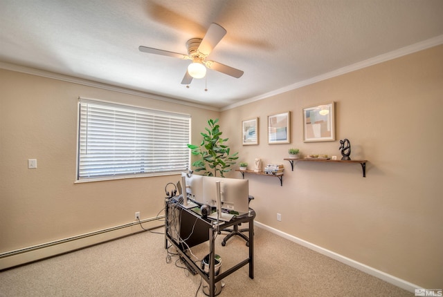 home office featuring crown molding, a baseboard radiator, ceiling fan, and light carpet