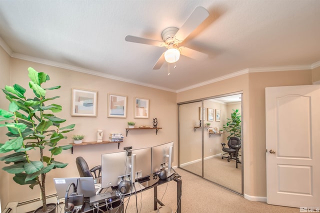 office with crown molding, ceiling fan, and carpet