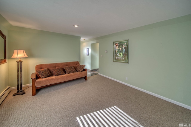 carpeted living room featuring baseboard heating