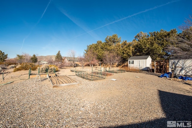 view of yard featuring a storage unit