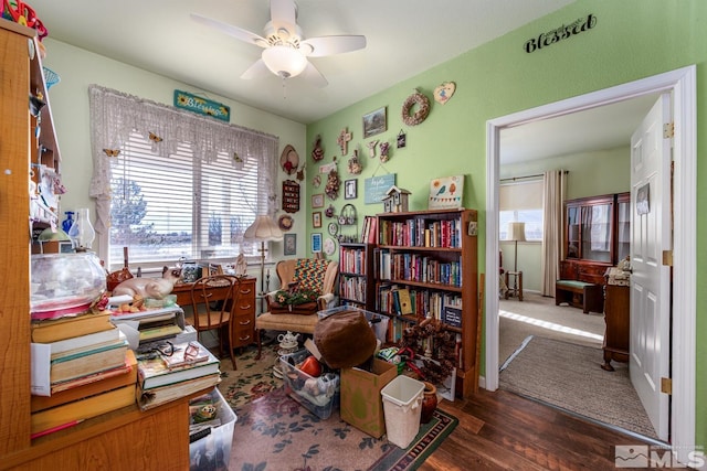 interior space featuring dark wood-type flooring and ceiling fan