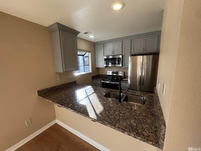 kitchen with stainless steel appliances, gray cabinets, kitchen peninsula, and sink