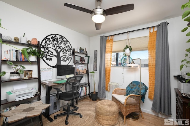 office area with ceiling fan and hardwood / wood-style floors