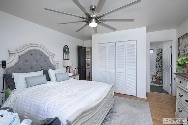 bedroom with a closet, ceiling fan, and light hardwood / wood-style floors