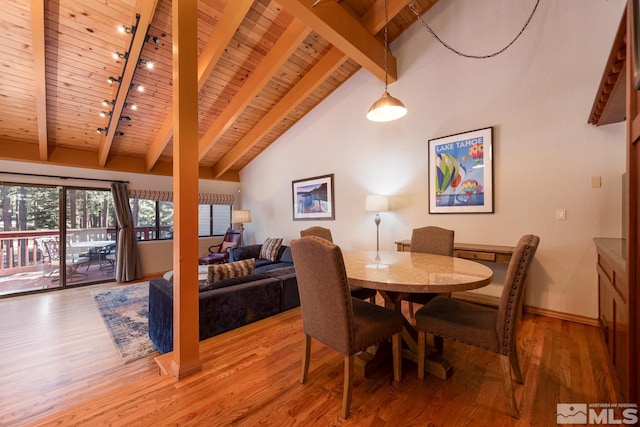 dining area featuring wood ceiling, high vaulted ceiling, beam ceiling, and hardwood / wood-style floors