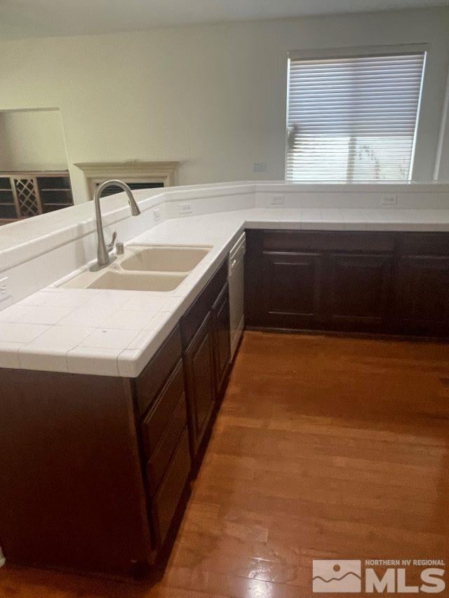 kitchen featuring dark brown cabinetry, dishwasher, and sink