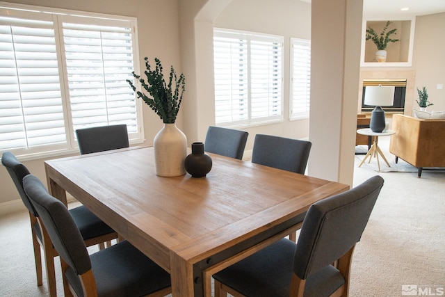 carpeted dining area featuring a wealth of natural light