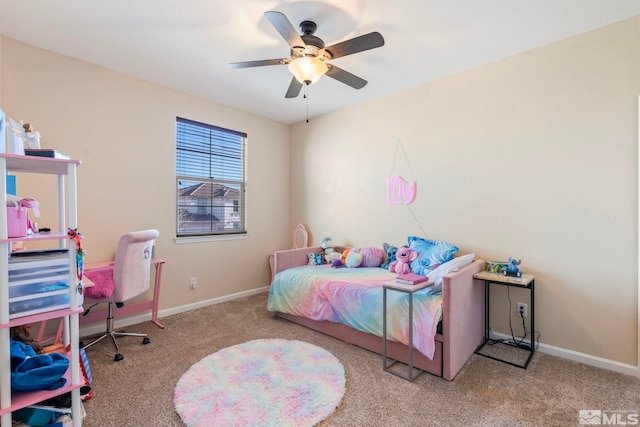 bedroom with light carpet and ceiling fan