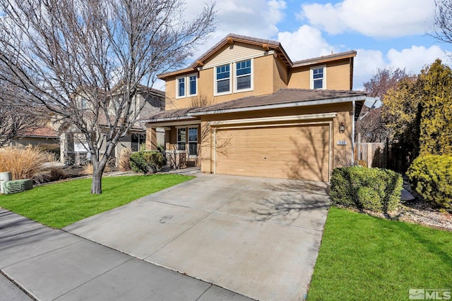 view of front of house with a porch, a garage, and a front lawn