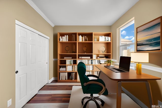 office space with crown molding and dark hardwood / wood-style flooring