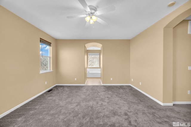 spare room with a wealth of natural light, ceiling fan, and carpet