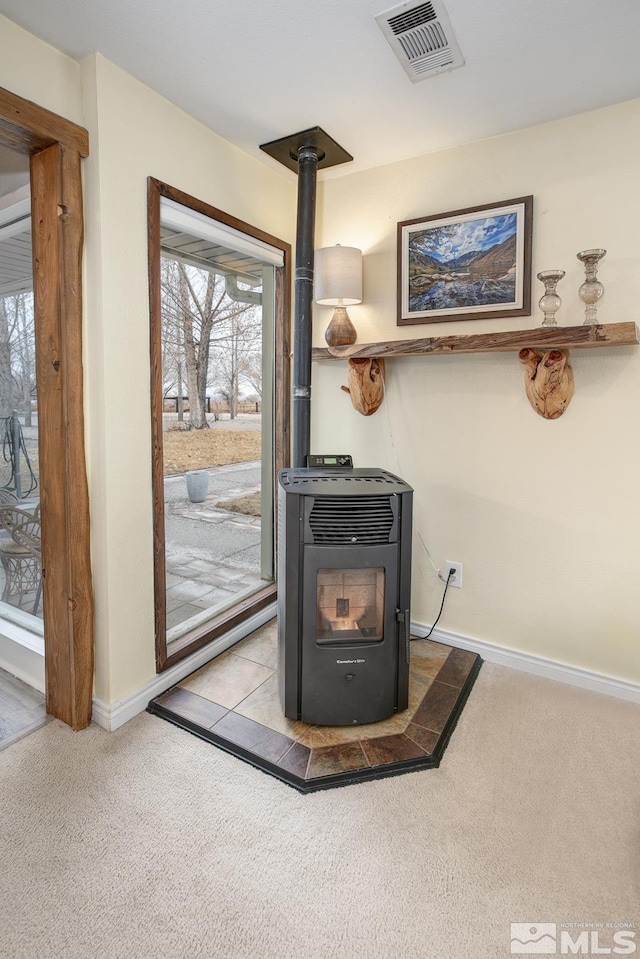 room details with carpet flooring, heating unit, and a wood stove