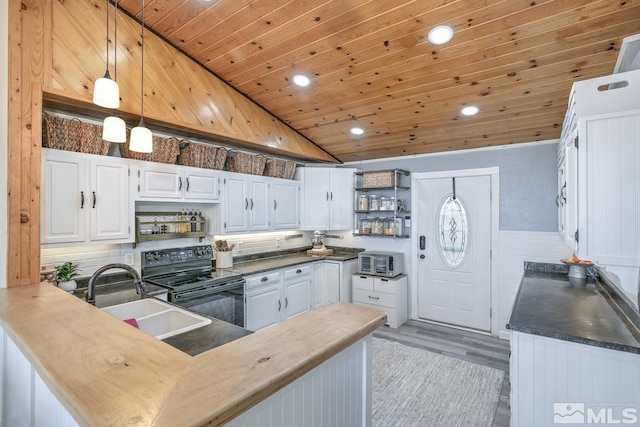 kitchen featuring black electric range oven, sink, white cabinets, kitchen peninsula, and wooden ceiling