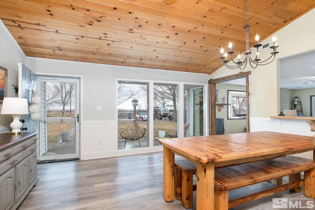 dining space with lofted ceiling, dark wood-type flooring, an inviting chandelier, and wood ceiling