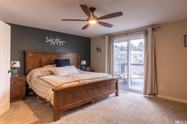 bedroom with light carpet, access to exterior, and ceiling fan