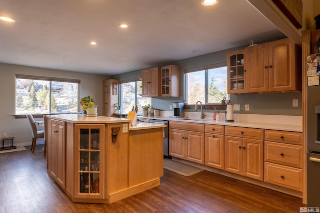 kitchen featuring a kitchen island, dishwasher, sink, plenty of natural light, and dark wood-type flooring