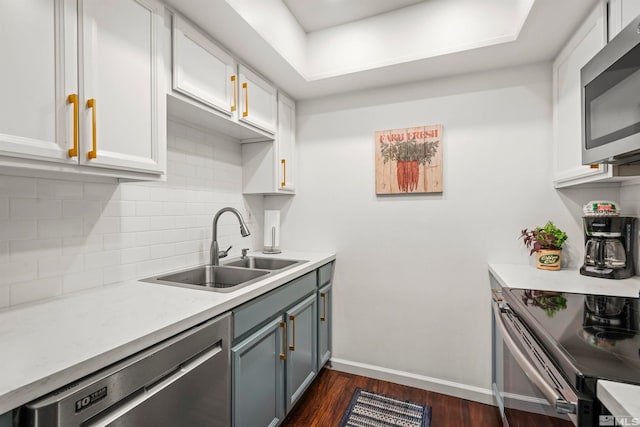 kitchen with sink, dark hardwood / wood-style floors, white cabinets, stainless steel appliances, and backsplash