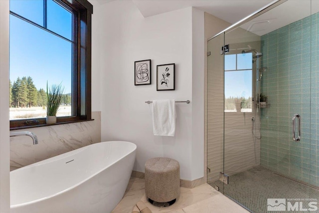 bathroom with shower with separate bathtub