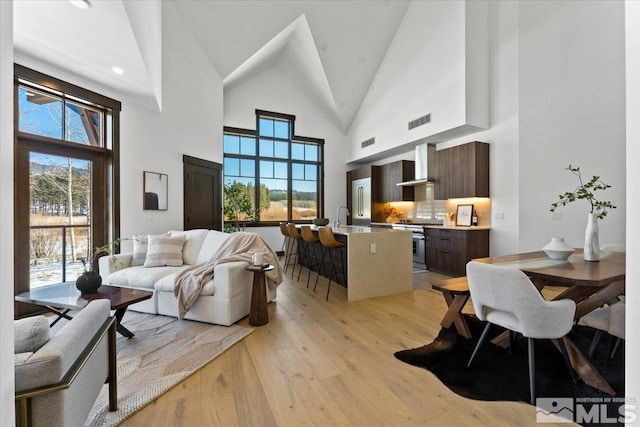 living room featuring sink, high vaulted ceiling, and light hardwood / wood-style floors