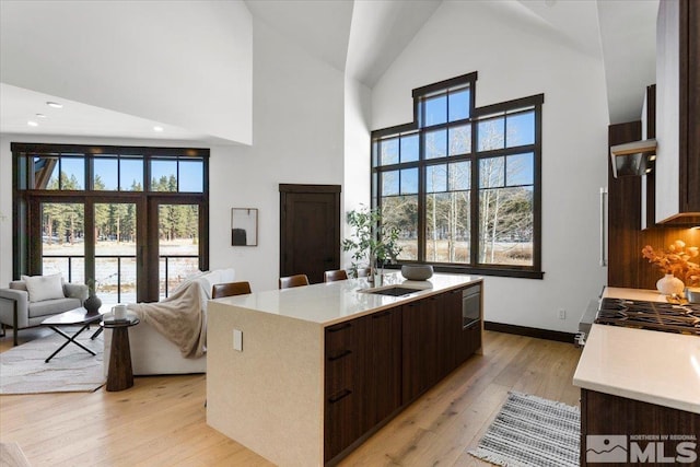 kitchen with sink, high vaulted ceiling, dark brown cabinets, a center island with sink, and light hardwood / wood-style flooring