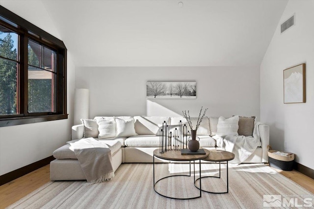 living room featuring lofted ceiling and light wood-type flooring