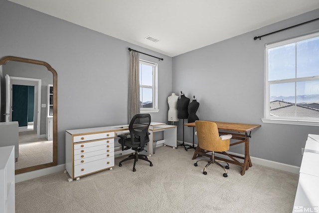 office with light colored carpet and a healthy amount of sunlight