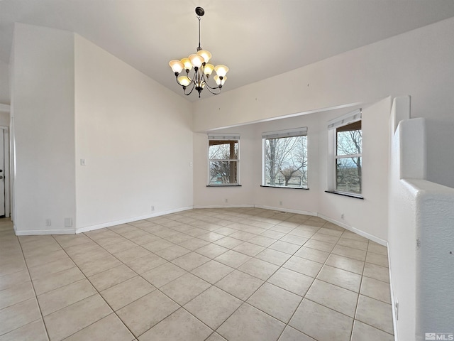 unfurnished room with lofted ceiling, a notable chandelier, and light tile patterned floors