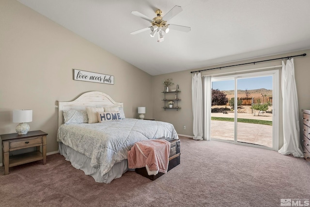 carpeted bedroom with vaulted ceiling, access to outside, and ceiling fan