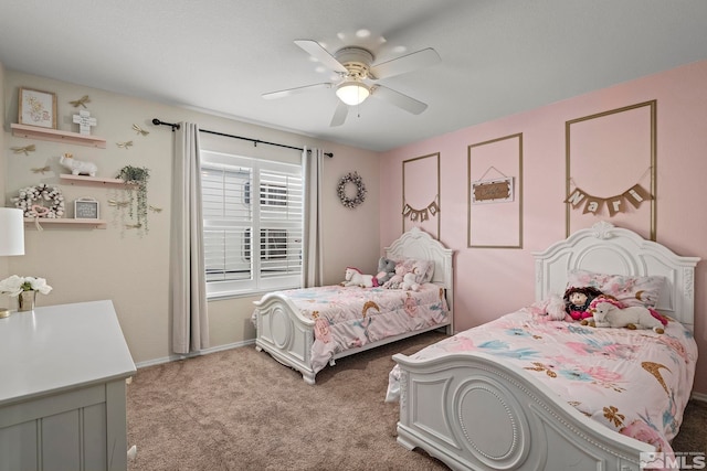 bedroom with light carpet and ceiling fan